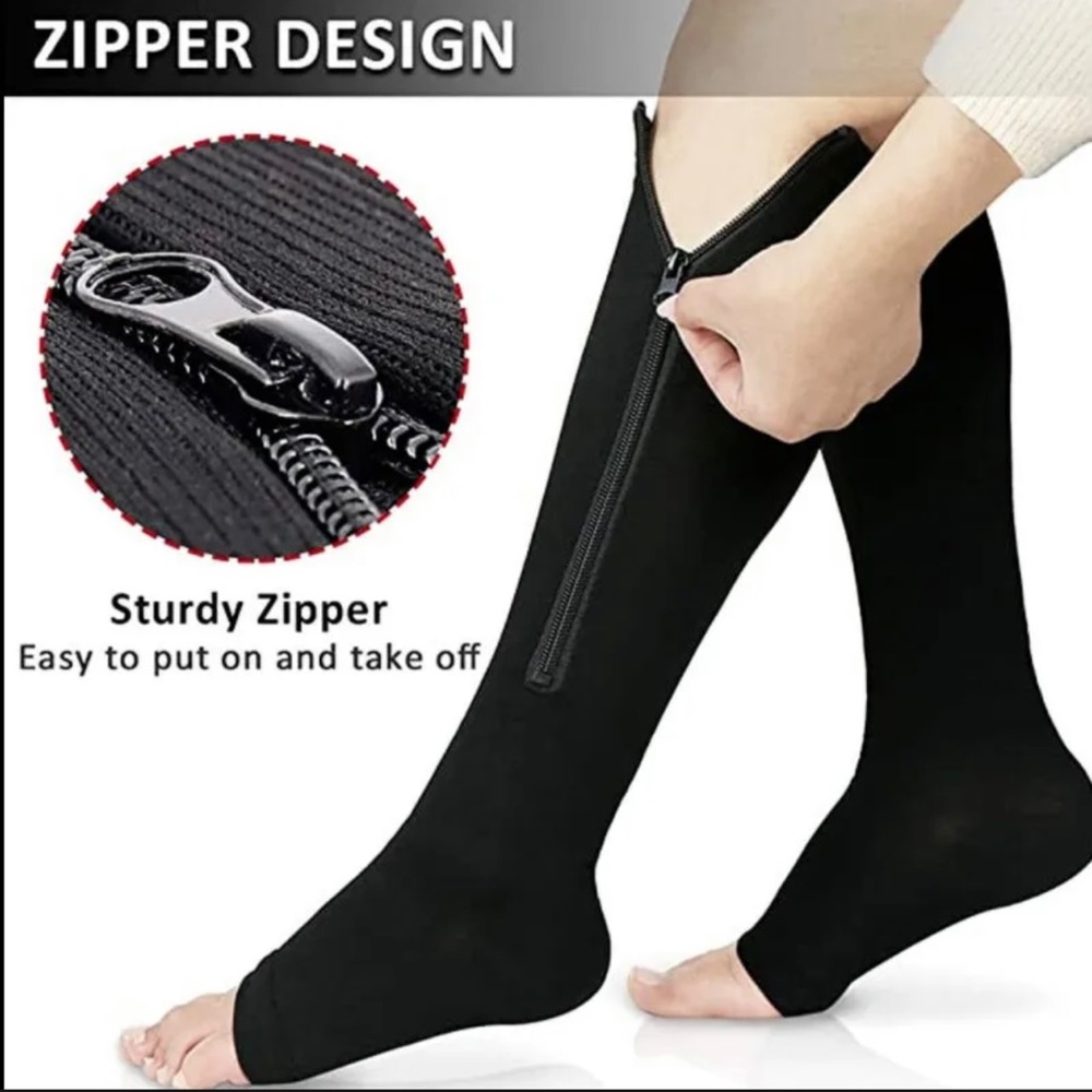 Zipper Compression Open Toe Knee Socks Zip Leg Support ￼￼Black Size S/M